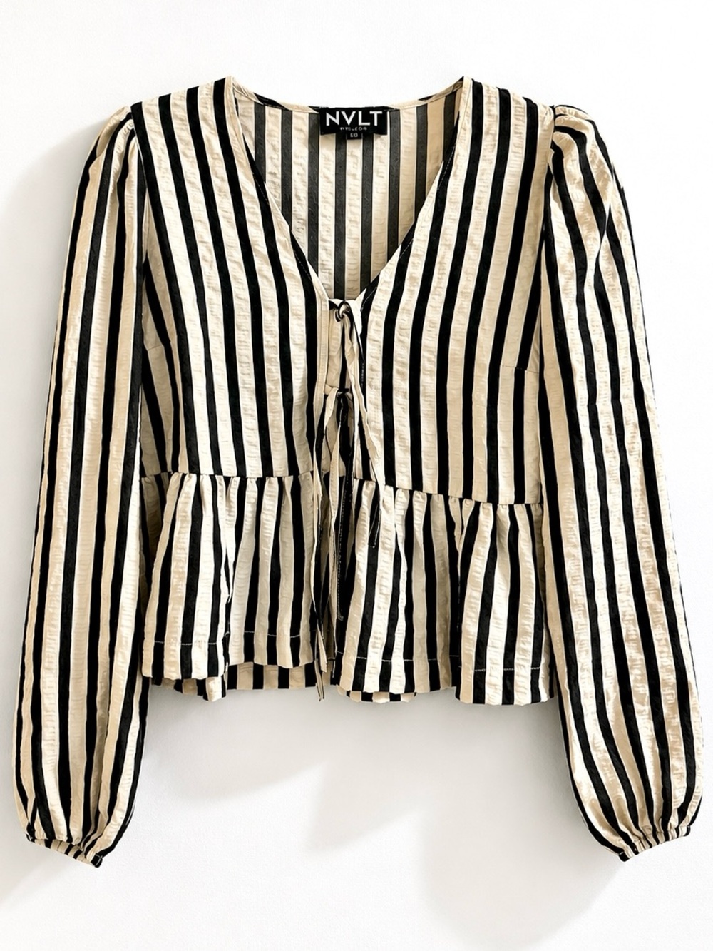 NVLT Cream & Black Striped Tie-Front Peplum Blouse Puff Sleeve Size XS / TP